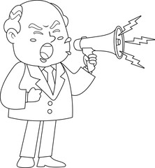 Outlined Business Boss Man Cartoon Character Screaming Into Megaphone. Vector Hand Drawn Illustration Isolated On Transparent Background