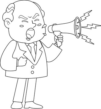 Outlined Business Boss Man Cartoon Character Screaming Into Megaphone. Vector Hand Drawn Illustration Isolated On Transparent Background