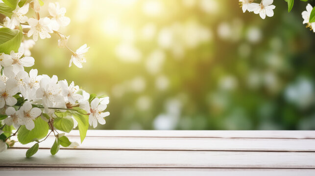 Wooden table spring nature bokeh background, empty wood desk product display mockup with green park sunny blurry abstract garden backdrop landscape ads showcase presentation. Mock up, copy space