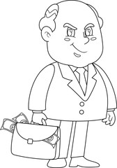 Outlined Smiling Business Boss Man Cartoon Character With Briefcase Full Of Money. Vector Hand Drawn Illustration Isolated On Transparent Background