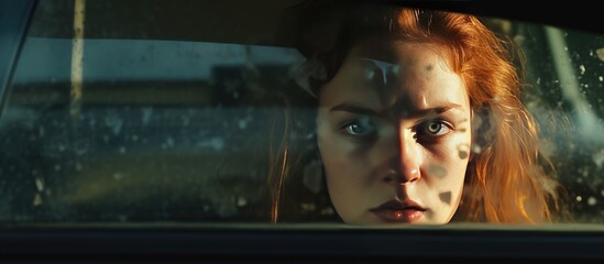 A young woman, showing signs of anger, is peering out of the window of a moving car. She seems focused on something outside, with a serious expression on her face.