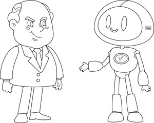 Outlined Smiling Business Boss Man Cartoon Character And AI Robot. Vector Hand Drawn Illustration Isolated On Transparent Background