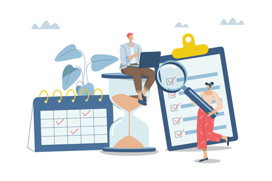 Effective organization of time at work, Managers team organize project calendar. Work planning, Time control, Reminder, Business team organizes professional planning calendar. Vector illustration.