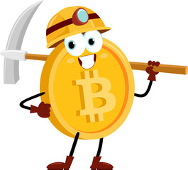 Bitcoin Miner Cartoon Character Holding Pickaxe. Vector Illustration Flat Design Isolated On Transparent Background