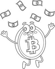 Outlined Bitcoin Cartoon Character Tossing Money Up In The Air. Vector Hand Drawn Illustration Isolated On Transparent Background