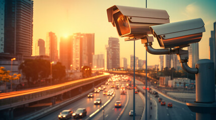 CCTV Surveillance camera operating in city watching tr - obrazy, fototapety, plakaty