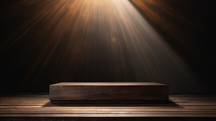 Block wooden podium, wooden pedestal for an object, on a dark, black background with bokeh. Photo