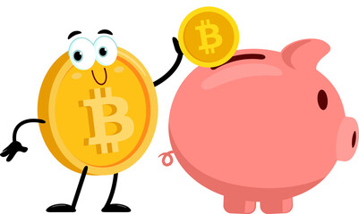 Bitcoin Cartoon Character Putting Coin In Piggy Bank. Vector Illustration Flat Design Isolated On Transparent Background