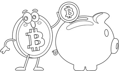 Outlined Bitcoin Cartoon Character Putting Coin In Piggy Bank. Vector Hand Drawn Illustration Isolated On Transparent Background