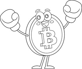 Outlined Happy Bitcoin Cartoon Character Boxer Gloves Celebrate Win. Vector Hand Drawn Illustration Isolated On Transparent Background