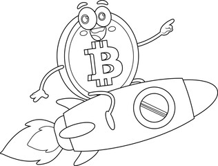 Outlined Bitcoin Cartoon Character Flying On The Rocket And Pointing. Vector Hand Drawn Illustration Isolated On Transparent Background