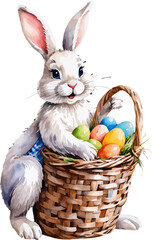 Easter bunny with wicker basket and easter eggs. Cartoon illustration. A vector in watercolor style