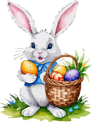 Easter bunny with wicker basket and easter eggs. Cartoon illustration. A vector in watercolor style