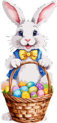 Easter bunny with wicker basket and easter eggs. Cartoon illustration. A vector in watercolor style
