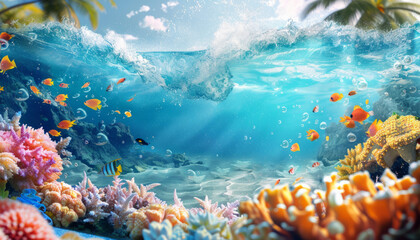 Fototapeta na wymiar Seascape of water with corals and fish in the tropics. A trip to paradise beaches.