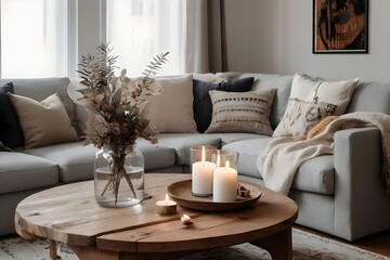 Modern boho living room in apartment facilitated with Sofa and decorated with candle ,living room interior with fireplace, beautiful room inside candle and Sofa and pillow with open Window