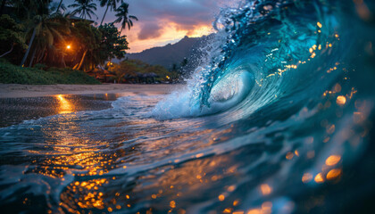 Big waves in the ocean for surfing in the tropics. A trip to paradise beaches.