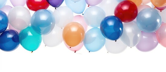 A bunch of colorful balloons floating in the air against a blurred festive background. The balloons are vibrant and stand out against the white backdrop.
