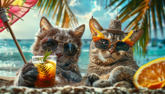 A romantic couple of cats is relaxing on the beach of a seaside resort and drinking a cocktail.