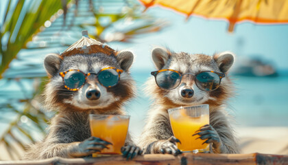 Raccoon lovers in sunglasses with cocktails relax on a wet beach on vacation.