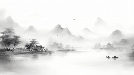Chinese style ink and wash landscape painting scene 