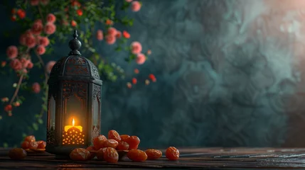 Tuinposter Ramadan iftar dish, dates, vintage style picture, date fruit or dates, ramadan on black wooden background © Alifa Gallery