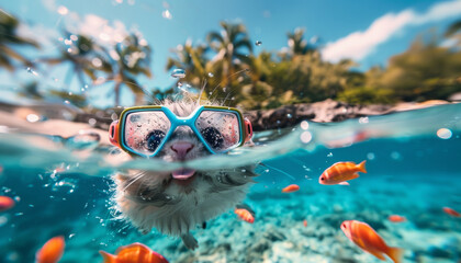 a small fluffy  mousel with glasses swims in the sea.