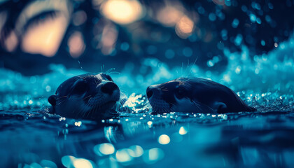 two otters swim in a clear river, wildlife in the animal world of beavers. - obrazy, fototapety, plakaty