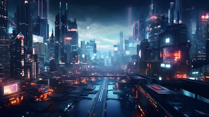 Foto op Canvas Neon street in cyberpunk city at night modern buildings in purple lights generative AI Urban landscape in future Concept of metaverse technology cyber and dystopia  © Min