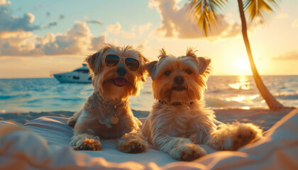 two dogs terrier with drinks relax on a wet beach on vacation.	 - obrazy, fototapety, plakaty