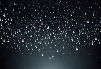 Falling raindrops footage animation in slow motion on dark black background with fog, lightened from top, rain animation with start and end, perfect for film, digital composition, projection  - obrazy, fototapety, plakaty
