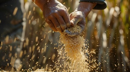 Farmer selects the impurity out off the grain jasmine rice seed by traditional hand process. Rice seeds are dried in the sun after being harvested from rice fields and milling. - obrazy, fototapety, plakaty