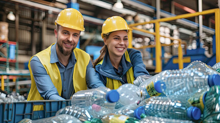 Portrait of two smiling factory workers are in recycling plant for sorting deposit and plastic bottles background. AI Generated.