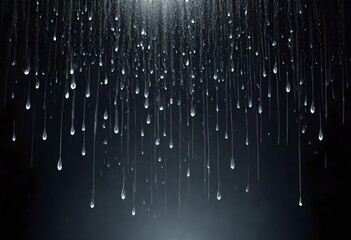 Falling raindrops footage animation in slow motion on dark black background with fog, lightened from top, rain animation with start and end, perfect for film, digital composition, projection  - obrazy, fototapety, plakaty