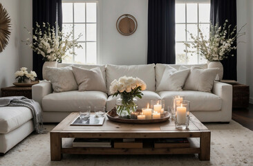 Elegantes Wohnzimmer in Weiß und Schwarz mit Kerzen und Blumen auf dem Couchtisch - obrazy, fototapety, plakaty