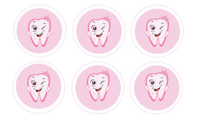 Baby first tooth for girls. Tooth with crown vector set for sticker or design element - 754244866