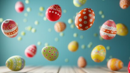 Fototapeta na wymiar Vibrantly decorated Easter eggs appear suspended in mid-air against a cool blue backdrop, creating a playful and buoyant atmosphere in celebration of Easter.