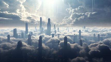 City of Tomorrow Skyscrapers Reach for the Clouds .. - obrazy, fototapety, plakaty