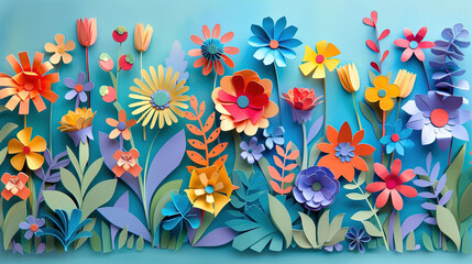 Happy children's crafting day background. Flowers made of colorful papers - obrazy, fototapety, plakaty
