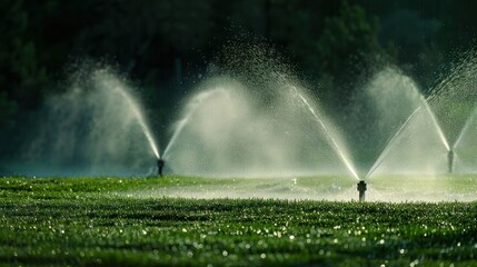 automatic sprinklers in action, efficiently watering lush green grass