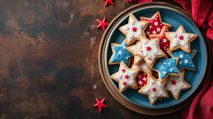 Independence US gingerbread cookies on a brown texture background with star shapes. Homemade cookies for banner, card and post. Star cookie top view with white blue red glaze. - obrazy, fototapety, plakaty