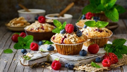 Healthy breakfast muffins with oatmeal and berries
