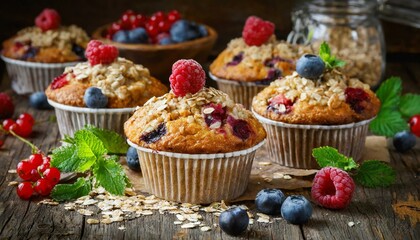Healthy breakfast muffins with oatmeal and berries - obrazy, fototapety, plakaty