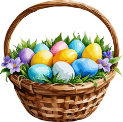 Easter witted basket with easter eggs. Colorful vector in watercolor style.