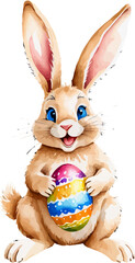 Easter bunny with wicker basket and easter eggs. Cartoon illustration. A vector in watercolor style