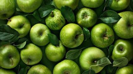 An overhead shot of green apples arranged amidst a variety of raw fruits and vegetables