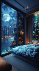 A luxurious bedroom boasts an immersive underwater view of a cityscape against a backdrop of a starry night sky and full moon.