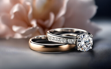 Beautiful wedding rings for the bride and groom on a dark background with highlights, macro photo