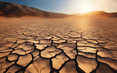 Barren land under scorching sunlight, cracked and parched, depicting extreme heat - obrazy, fototapety, plakaty