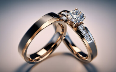 Beautiful wedding rings for the bride and groom on a dark background with highlights, macro photo